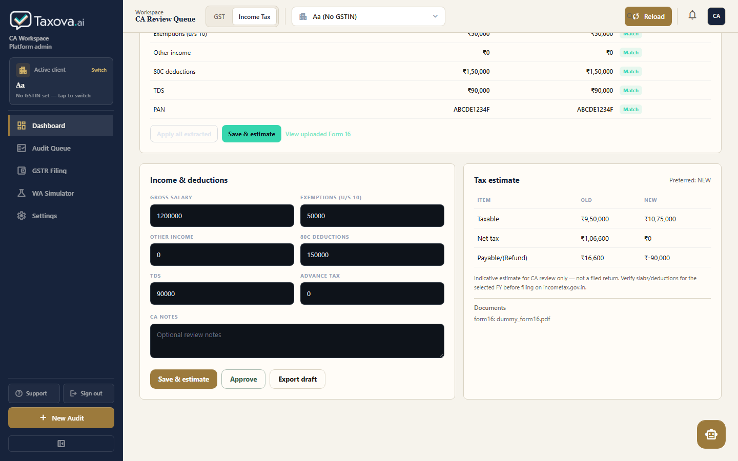 Income Tax module full view